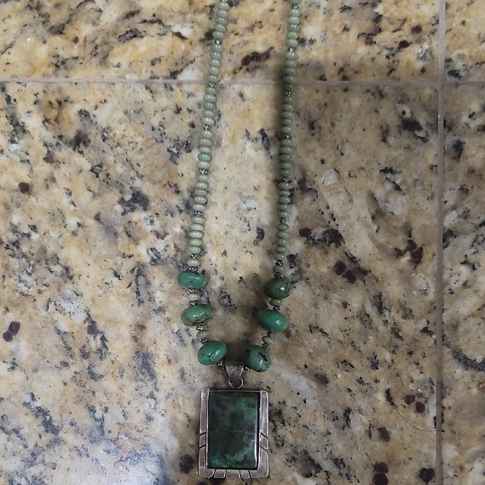 Green Turqouise  and Silver Necklace with Square Pendant and Gemstone Beads